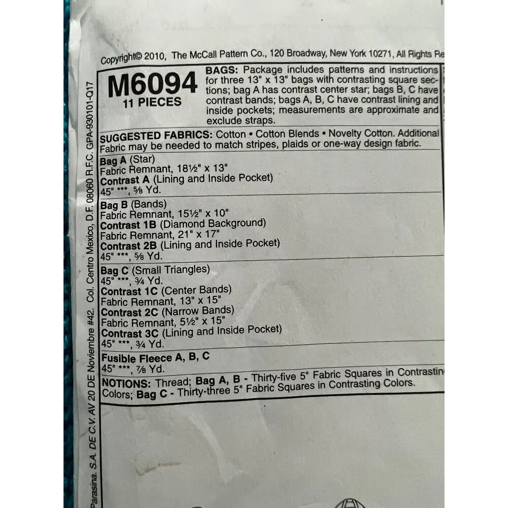 McCalls pattern 6094 quilted tote bags 13in